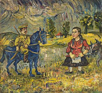 DAVID BURLIUK Landscape with a Peasant Woman and an Officer on Horseback.